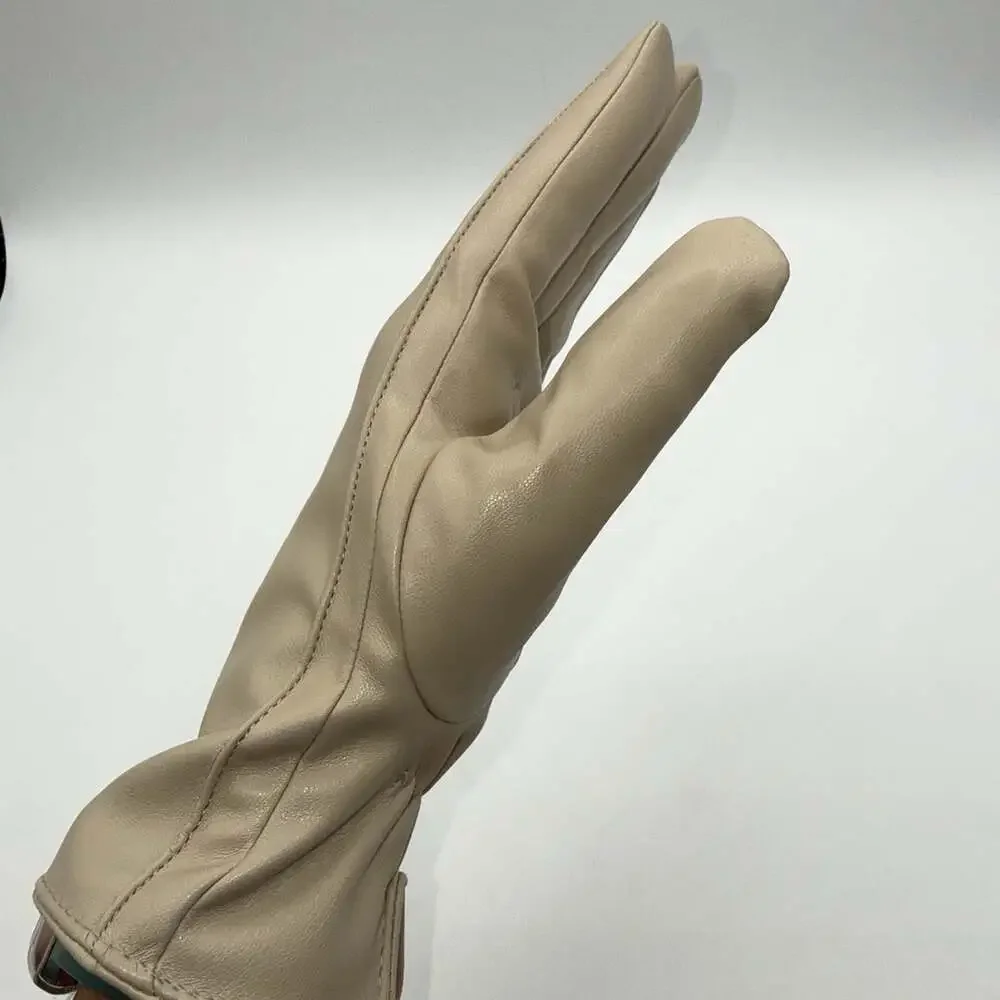Vegan Leather Gloves Women’s Sz Medium Milky White Beige Fur Lined NIP